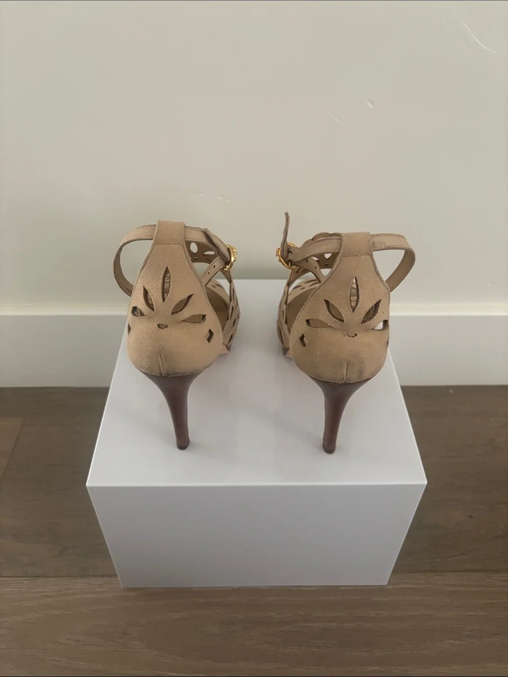 Tory Burch Beige Scalloped Laser-Cut Ankle-Strap Heels